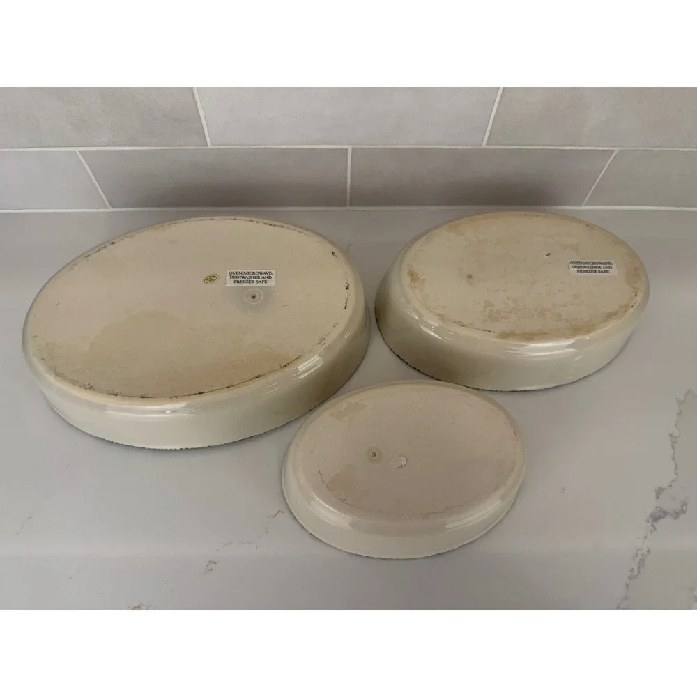 Nesting Bowls Oval Stoneware Heart Tulip Set of 3 Cream Green Country 90s